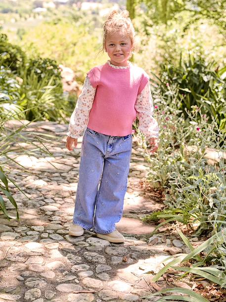 Wijde jeans voor meisjes Susan geborduurd donkerblauw+gebleekt denim+jeansblauw+middenblauw - vertbaudet enfant 