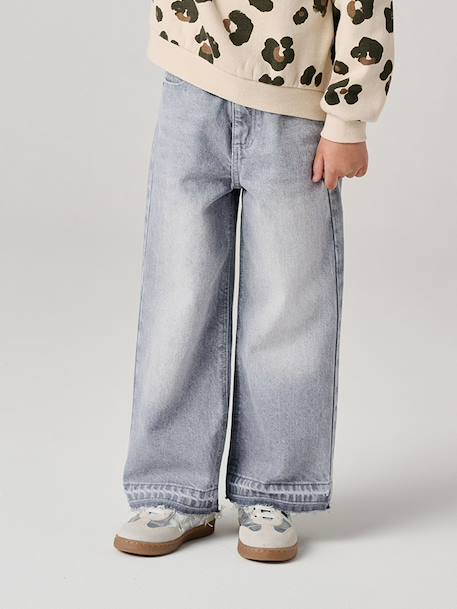 Wijde meisjesjeans met rafels aan de onderkant donkerblauw+gebleekt denim+grijs+stone - vertbaudet enfant 