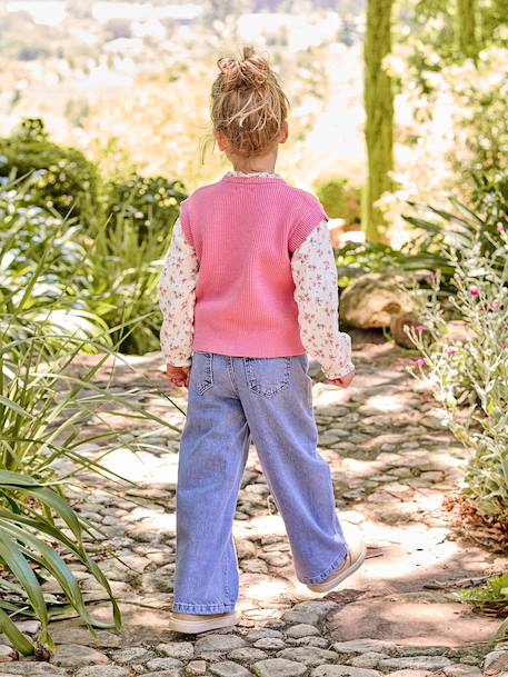 Jean large fille brodé bleu foncé+bleu jean+bleu moyen+denim bleached - vertbaudet enfant 