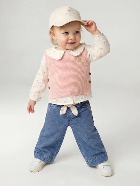 Pantalon large bébé fille denim léger ceinture imprimée double stone - vertbaudet enfant 