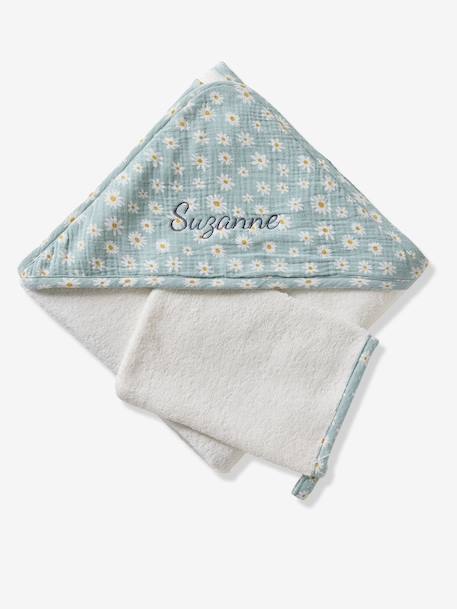 Cape de bain personnalisable et gant de toilette MARGUERITE bleu imprimé - vertbaudet enfant 