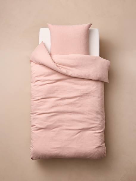 Parure housse de couette et taie d'oreiller unie vert sauge+vieux rose - vertbaudet enfant 