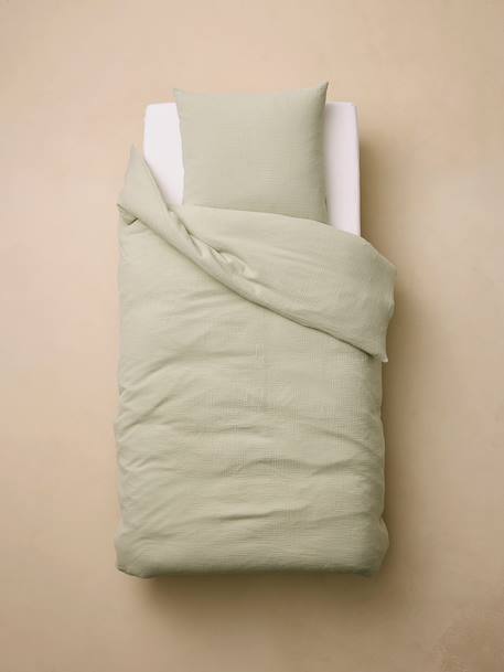 Parure housse de couette et taie d'oreiller unie vert sauge+vieux rose - vertbaudet enfant 