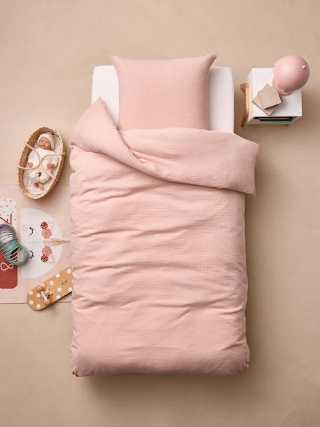 Parure housse de couette et taie d'oreiller unie vert sauge+vieux rose - vertbaudet enfant 