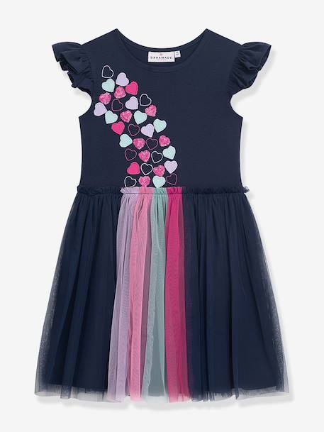 Robe à manches volantées et jupe en tulle fille, application cœur DANAMADE marine - vertbaudet enfant 