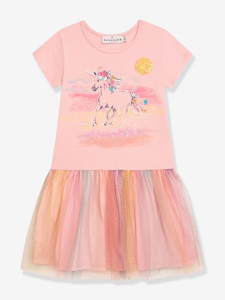 Robe fille DANAMADE avec sequins licorne et jupe en tulle rose poudré - vertbaudet enfant 
