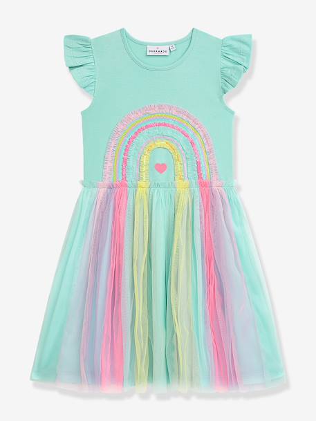 Robe avec jupe en tulle arc-en-ciel et manches volantées fille DANAMADE rose dragée+turquoise - vertbaudet enfant 