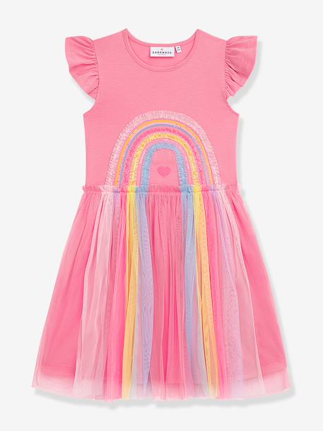 Jurk met regenboogkleurige tule rok en mouwen met volants voor meisjes van DANAMADE snoeproze+turquoiseblauw - vertbaudet enfant 