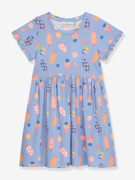 Jerseyjurk met neonprint en ijsmotief voor meisjes DANAMADE hemelsblauw - vertbaudet enfant 