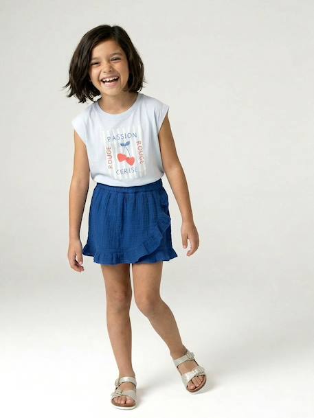 Skort voor meisjes van katoenen gaas felblauw+rood - vertbaudet enfant 