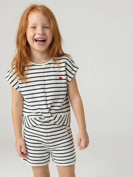 Set voor meisjes, t-shirt en short van fantasie breisel ecru+rozen - vertbaudet enfant 
