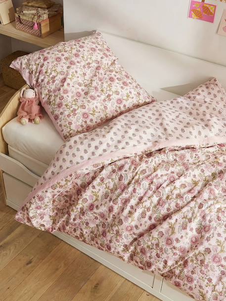 Parure housse de couette et taie d'oreiller rose imprimé - vertbaudet enfant 