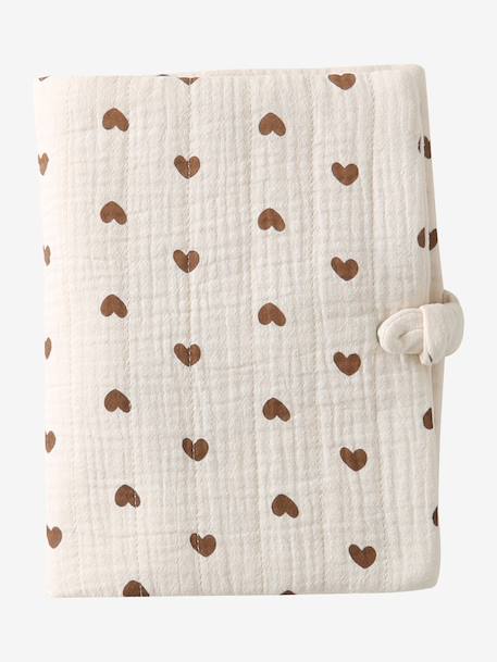 Protège carnet de santé en gaze de coton beige imprimé+cappuccino+ficelle - vertbaudet enfant 