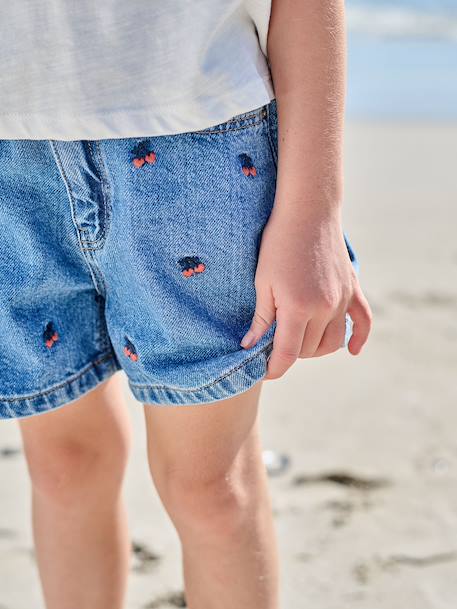 Short fille brodé bleu moyen+rose+vert sauge - vertbaudet enfant 