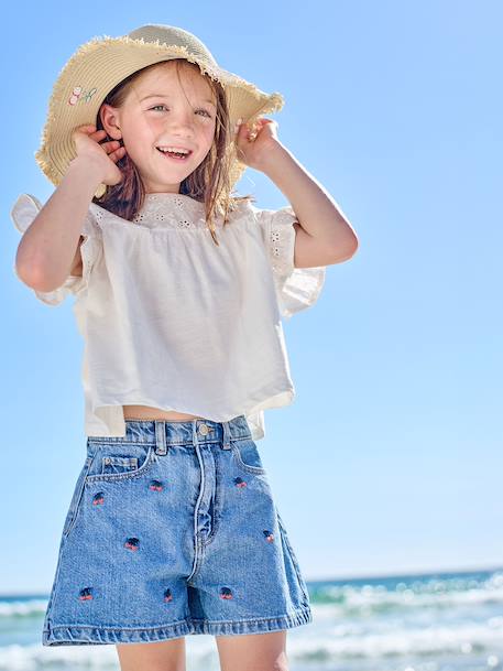 Short fille brodé bleu moyen+rose+vert sauge - vertbaudet enfant 