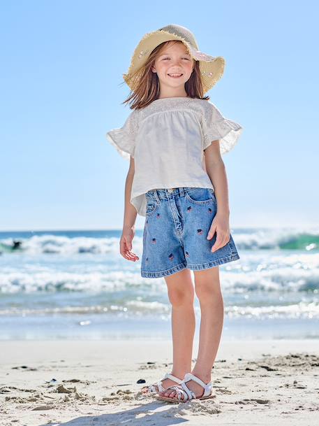 Short fille brodé bleu moyen+rose+vert sauge - vertbaudet enfant 