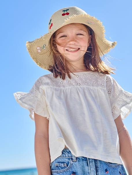 T-shirt fille manches détails brodés corail+écru+kaki - vertbaudet enfant 