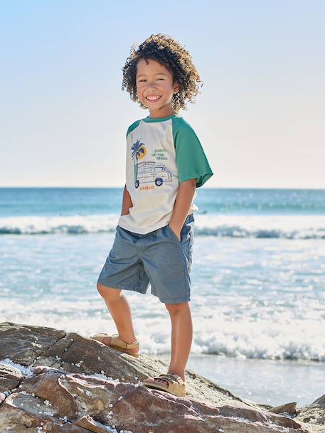 Bermuda garçon élastique bleu jean+jaune pastel+vert sapin - vertbaudet enfant 