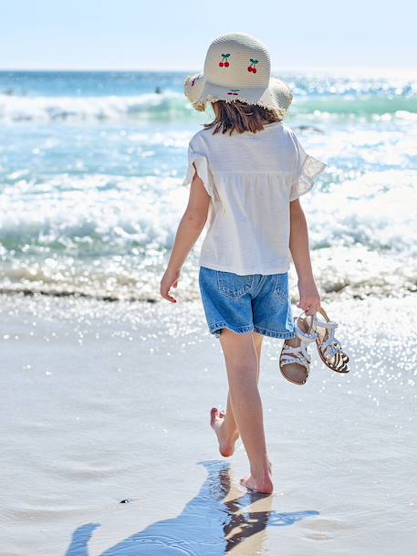 Geborduurde short voor meisjes middenblauw+rozen+saliegroen - vertbaudet enfant 