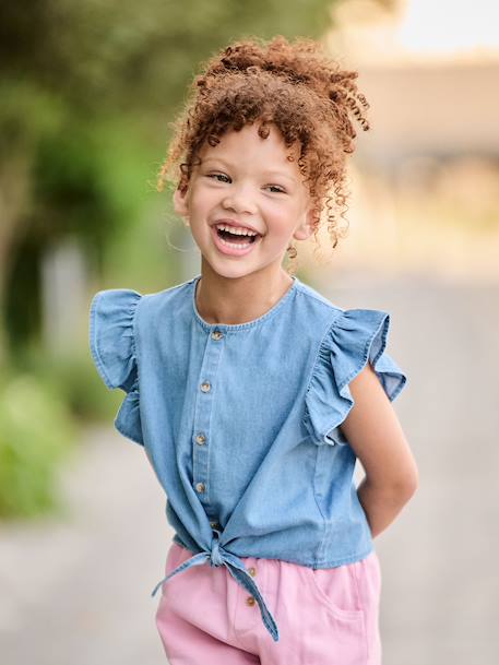 Fille-Blouse denim manches volantées