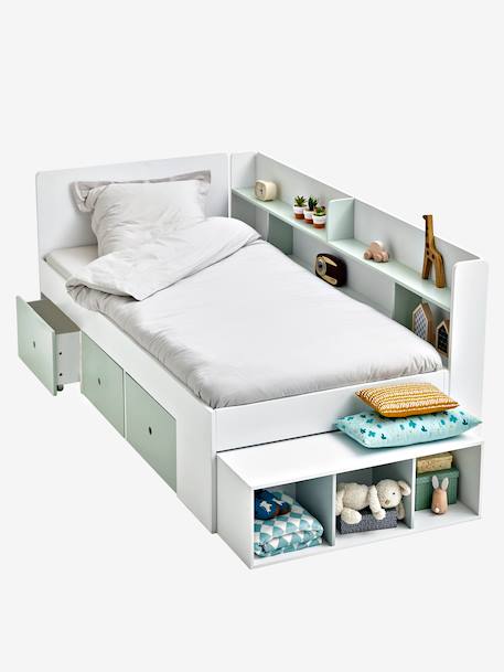 Lit plateforme enfant avec rangements BASEO blanc+rose nude+vert grisé - vertbaudet enfant 