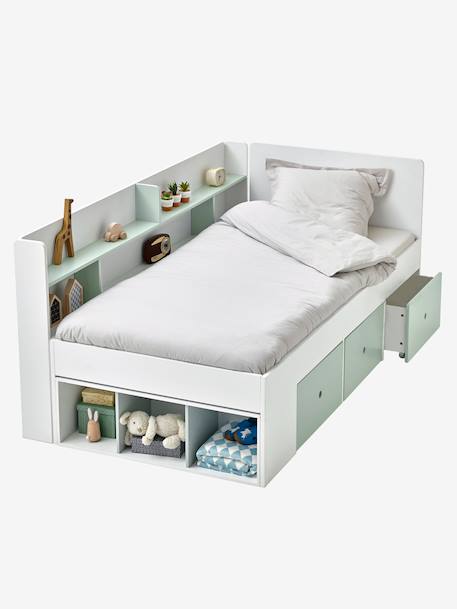 Lit plateforme enfant avec rangements BASEO blanc+rose nude+vert grisé - vertbaudet enfant 