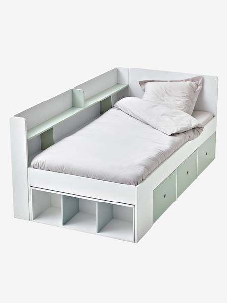 Lit plateforme enfant avec rangements BASEO blanc+rose nude+vert grisé - vertbaudet enfant 