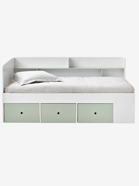 Lit plateforme enfant avec rangements BASEO blanc+rose nude+vert grisé - vertbaudet enfant 