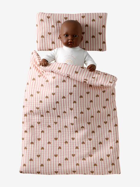 Deken + kussensloop pop van katoengaas geel+karamel+roze+roze, bedrukt+rozen - vertbaudet enfant 