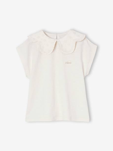 T-shirt fille col brodé fantaisie corail+écru - vertbaudet enfant 