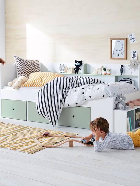 Lit plateforme enfant avec rangements BASEO blanc+rose nude+vert grisé - vertbaudet enfant 