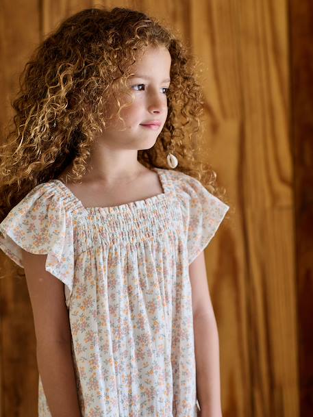 Robe fille à smocks imprimée fleurs rose poudré+vanille - vertbaudet enfant 