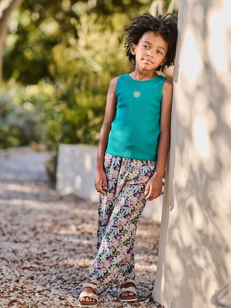 Pantalon fille large motifs fleurs vanille+vert - vertbaudet enfant 