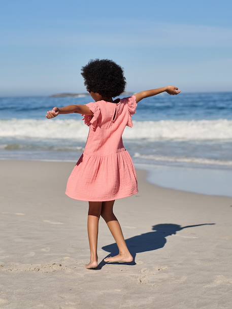 Robe fille gaze de coton manches courtes brodées corail+jaune - vertbaudet enfant 