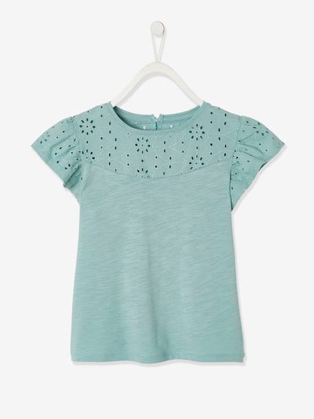 T-shirt fille détails en broderie anglaise corail+fuchsia+VERT PALE - vertbaudet enfant 