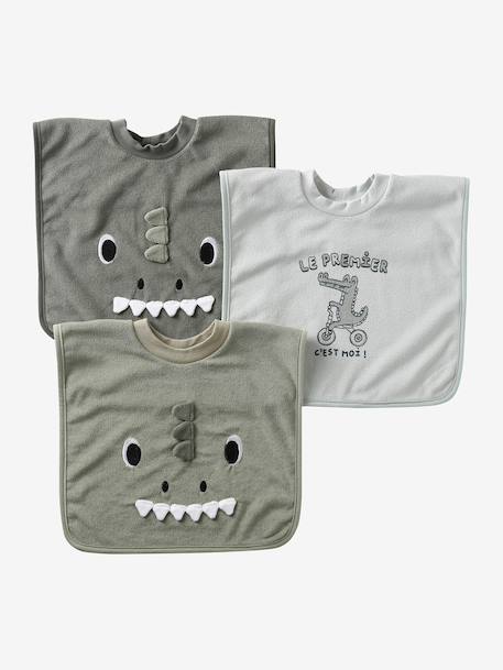 Lot de 3 bavoirs animaux à enfiler écru+sauge - vertbaudet enfant 