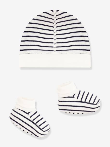 Lot bonnet et chaussons bébé mixte blanc+marine - vertbaudet enfant 