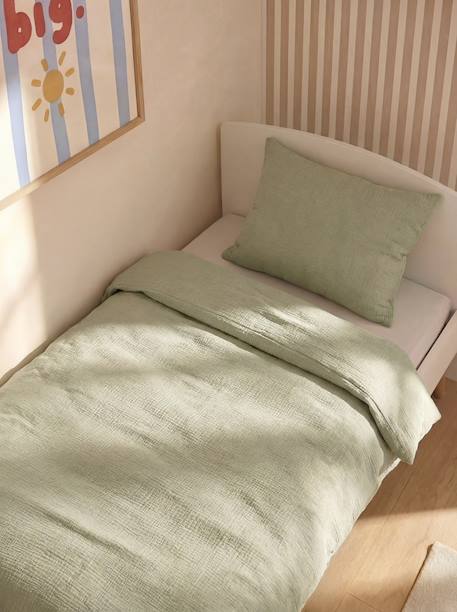 Bedset dekbedovertrek en kussensloop in Ã©Ã©n kleur oudroze+saliegroen - vertbaudet enfant 
