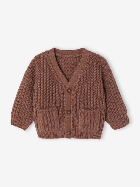 Gilet bébé col V en maille grosse jauge bleu grisé+chocolat - vertbaudet enfant 