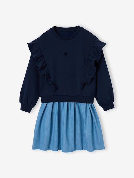 Meisjesjurk met lange mouwen ecru+marineblauw - vertbaudet enfant 