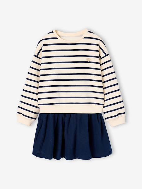 Robe fille 2 en 1 molleton et gaze de coton anthracite+marine+rouge - vertbaudet enfant 