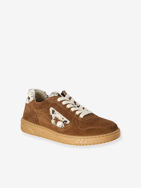Baskets fille cuir à lacets fermeture zip beige+jaune d'or+marron - vertbaudet enfant 