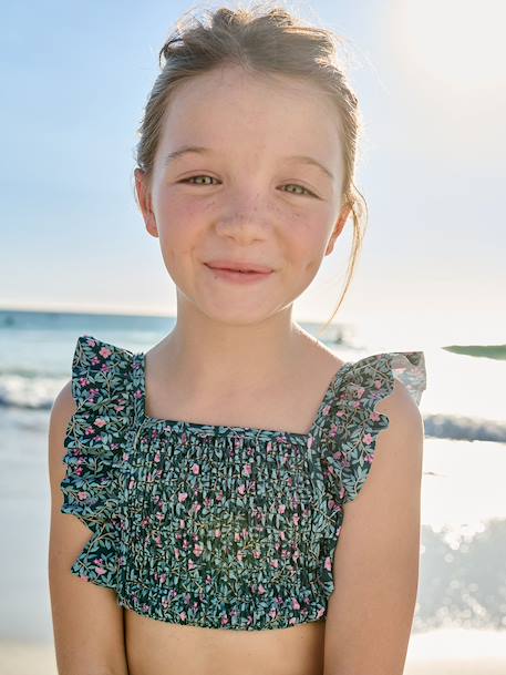 Maillot de bain 2 pièces fille fleurs vert émeraude - vertbaudet enfant 