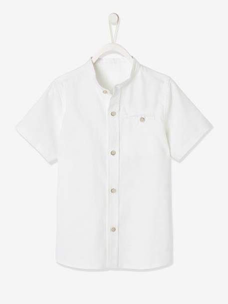 Chemise col Mao garçon en coton/ lin manches courtes blanc+bleu ciel - vertbaudet enfant 