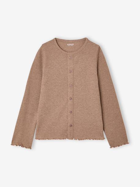 Geribde meisjesshirt met lange mouwen ecru+taupe+zachtpaars - vertbaudet enfant 