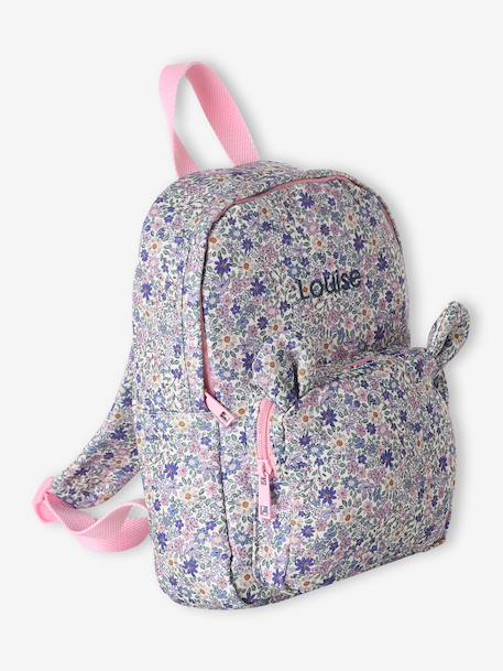 Gebloemde rugzak voor kleutermeisje animatie teddybeer oren lila (poederkleur)+saliegroen - vertbaudet enfant 
