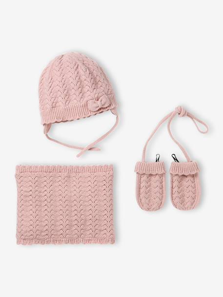 Ensemble bébé fille tricot bonnet snood moufles rose poudré - vertbaudet enfant 