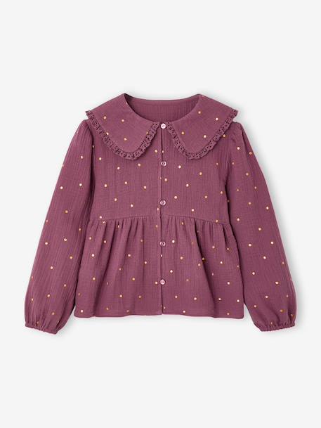 Chemise fille gaze de coton col brodé écru+prune - vertbaudet enfant 