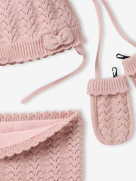 Ensemble bébé fille tricot bonnet snood moufles rose poudré - vertbaudet enfant 
