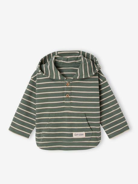 Gestreept T-shirt met capuchon jongensbaby groen+ijsblauw+terracottategel+zandbeige - vertbaudet enfant 